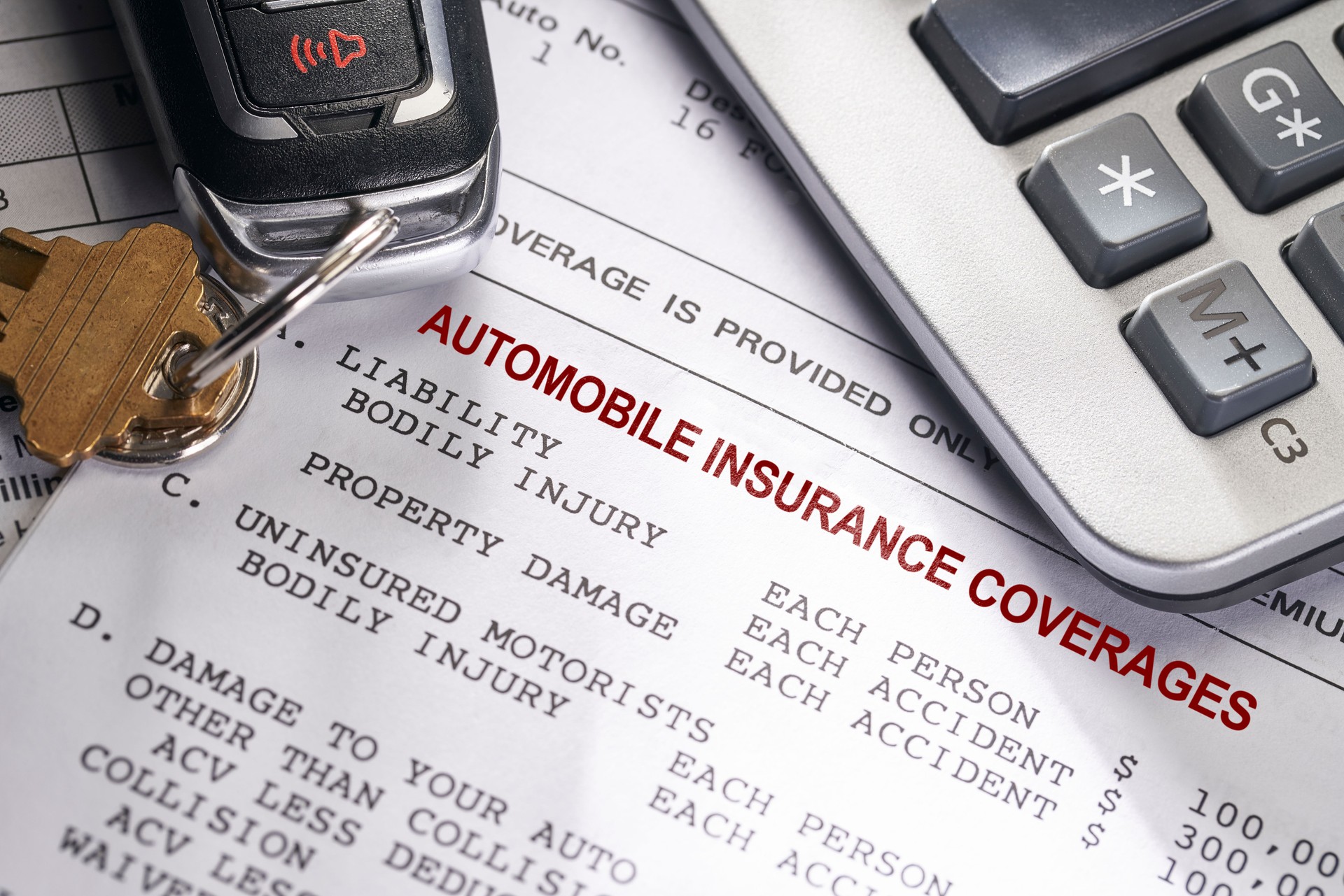 Auto and Car Insurance policy with keys and calculator